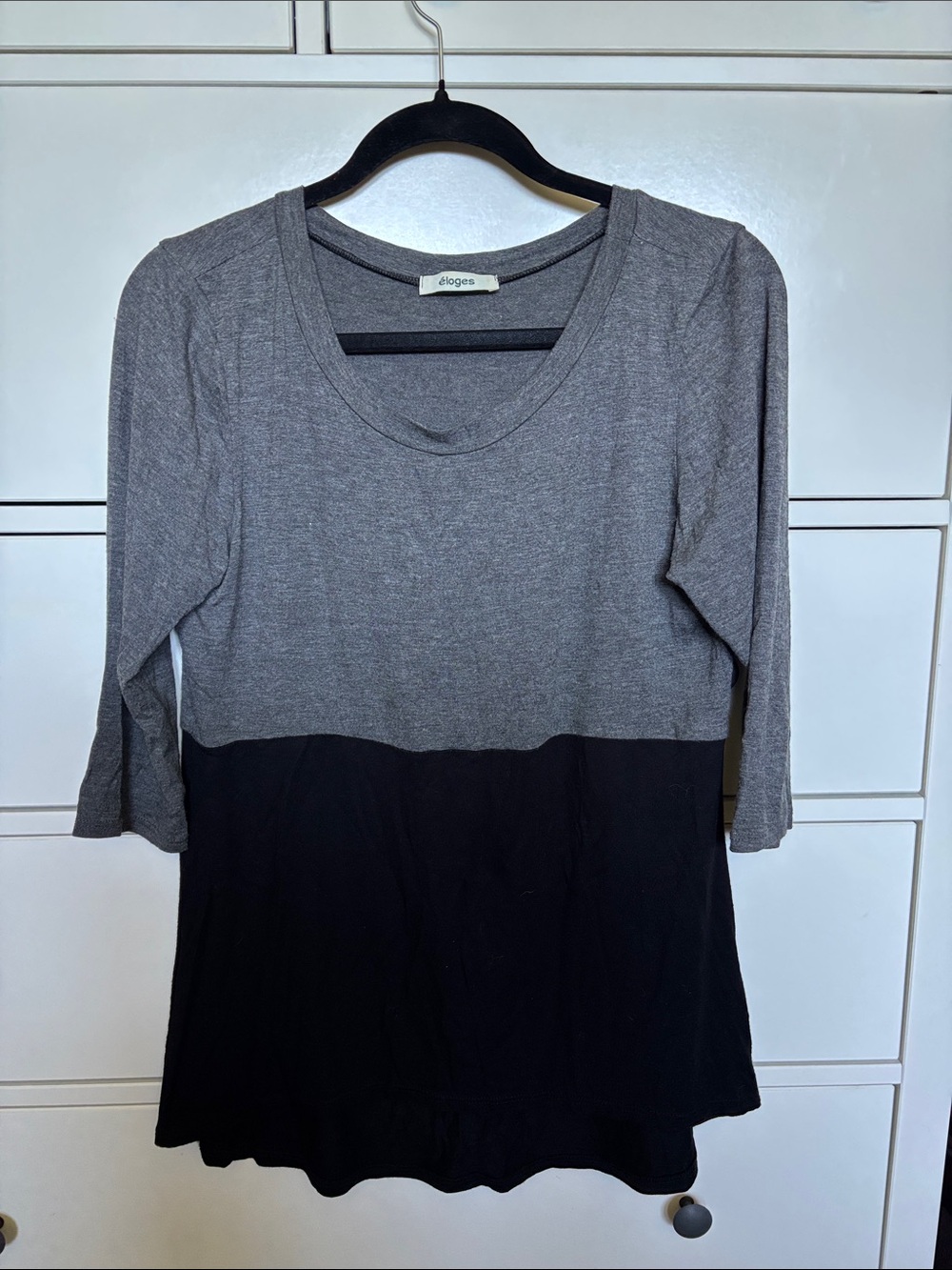 Slub Knit Two-Tone Scoop Neck Long Sleeve Top - Gray/Black
